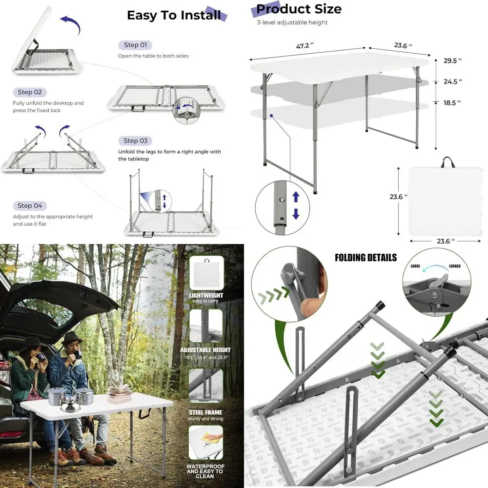 Portable Heavy-Duty Plastic Folding Utility Table with Adjustable Height, Suitable for Indoor and Outdoor Use, White
Portable Heavy-Duty Plastic Folding Utility Table with Adjustable Height, Suitable for Indoor and Outdoor Use, White