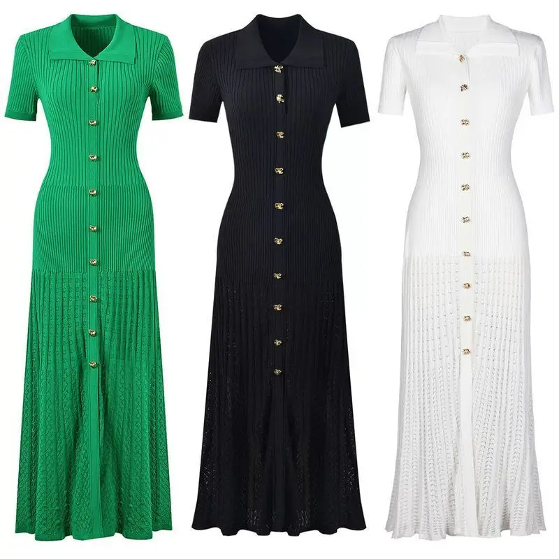 High Quality Women's Fashion Knitted Short Sleeve Slim Fit Dress Turn-down Collar Spring Summer New Arrival Elegant Lady Style
High Quality Women's Fashion Knitted Short Sleeve Slim Fit Dress Turn-down Collar Spring Summer New Arrival Elegant Lady Style