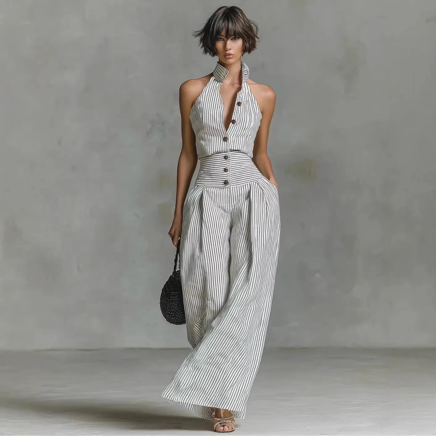 Women's Striped Halter Neck Button Sleeveless Jumpsuit High Waist Wide Leg Slim Fit Elegant Office Casual Stripe Jumpsuit
Women's Striped Halter Neck Button Sleeveless Jumpsuit High Waist Wide Leg Slim Fit Elegant Office Casual Stripe Jumpsuit