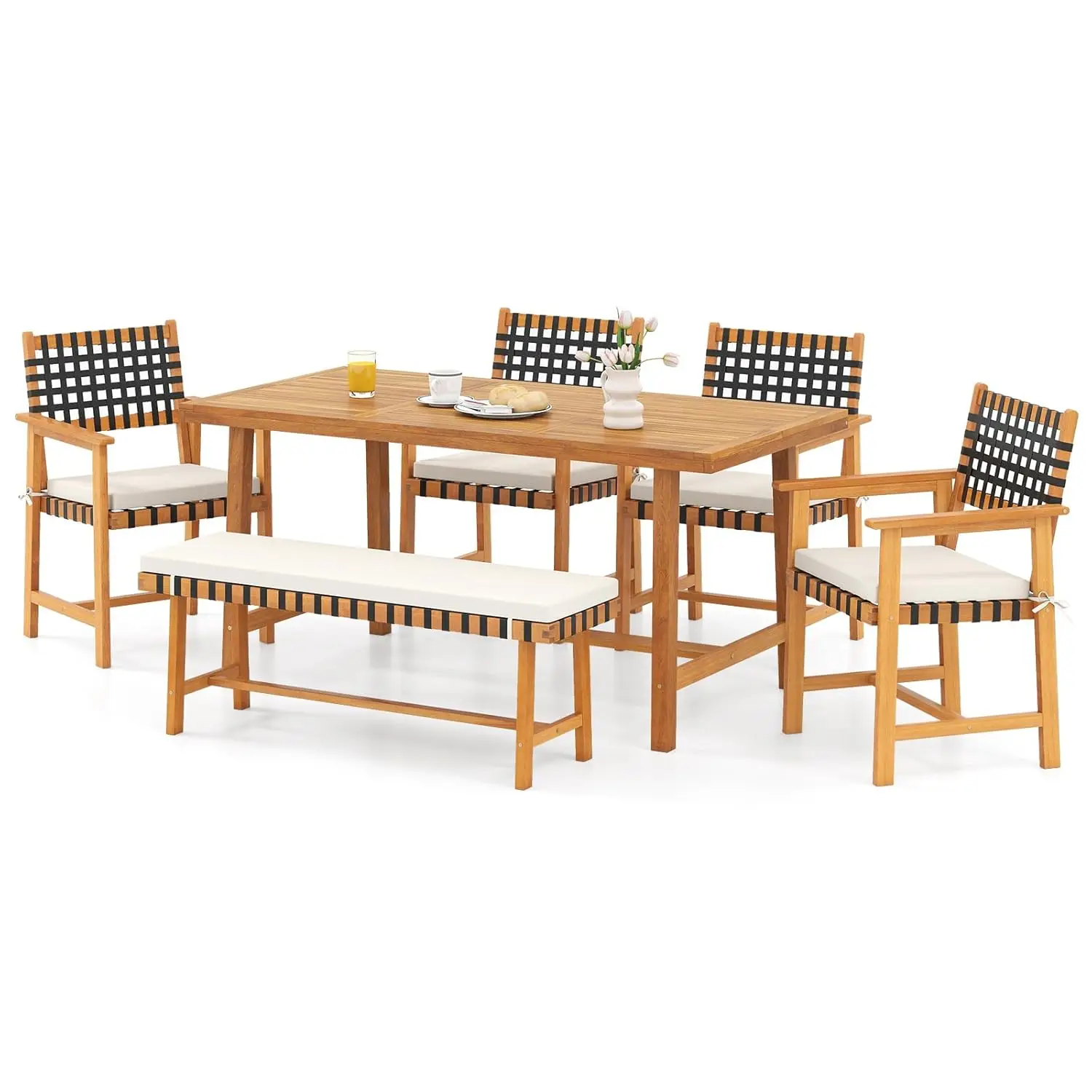 6 Piece Patio Dining Set 63” Acacia Wood Table w/ Umbrella Hole Bench 4 Cushioned Armchairs Deck Yard Poolside, Custom
6 Piece Patio Dining Set 63” Acacia Wood Table w/ Umbrella Hole Bench 4 Cushioned Armchairs Deck Yard Poolside, Custom
