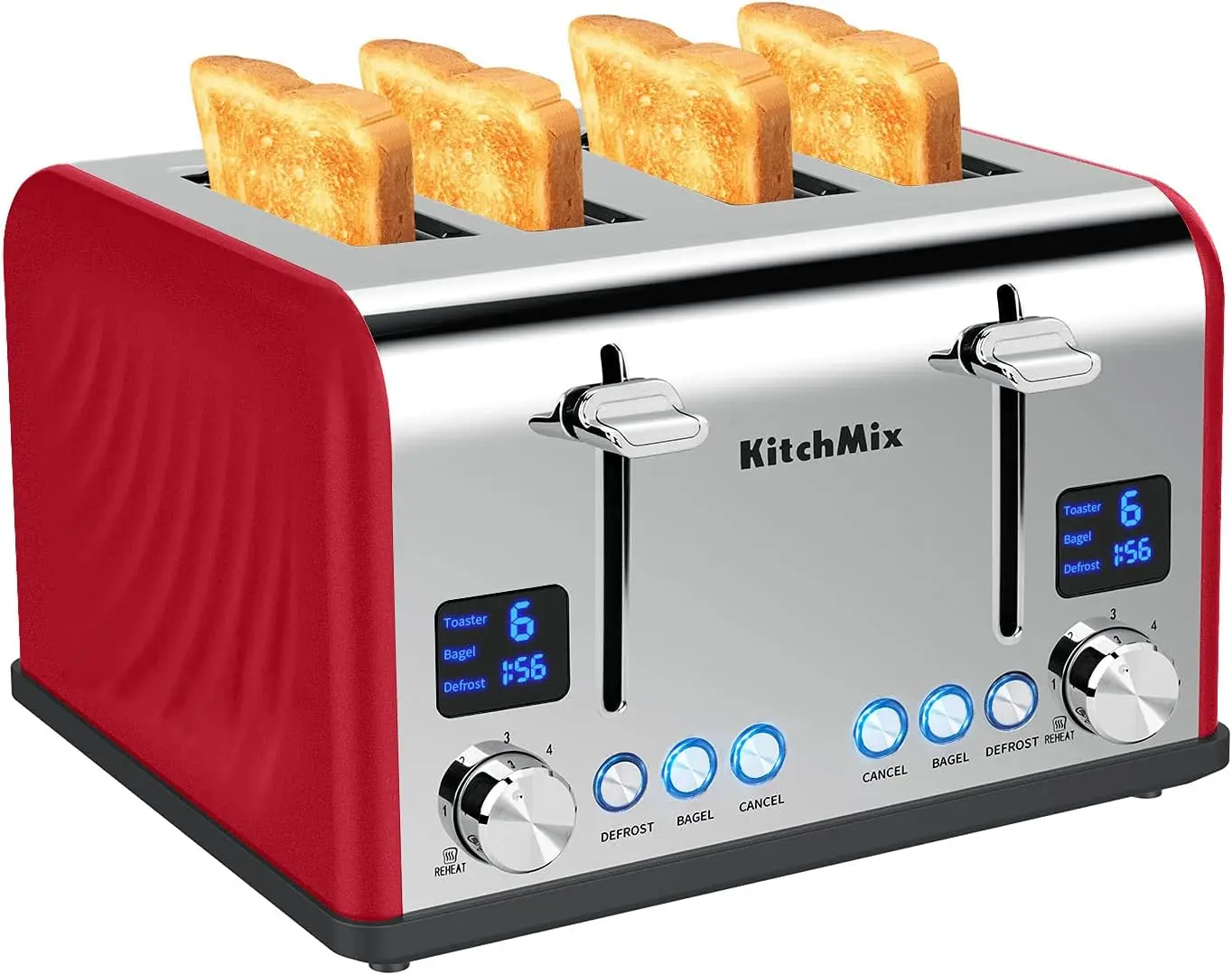 4 Slice Toaster with LCD Timer, Extra Wide Slots, Dual Controls, Removable Crumb Tray (Red)
4 Slice Toaster with LCD Timer, Extra Wide Slots, Dual Controls, Removable Crumb Tray (Red)