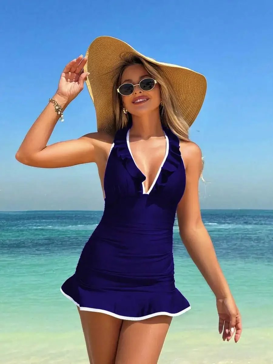 Womens Halter Neck Deep V-Neck Ruffle Hem Shirred Waist Mini Skirt Swimdress For Beach Summer
Womens Halter Neck Deep V-Neck Ruffle Hem Shirred Waist Mini Skirt Swimdress For Beach Summer