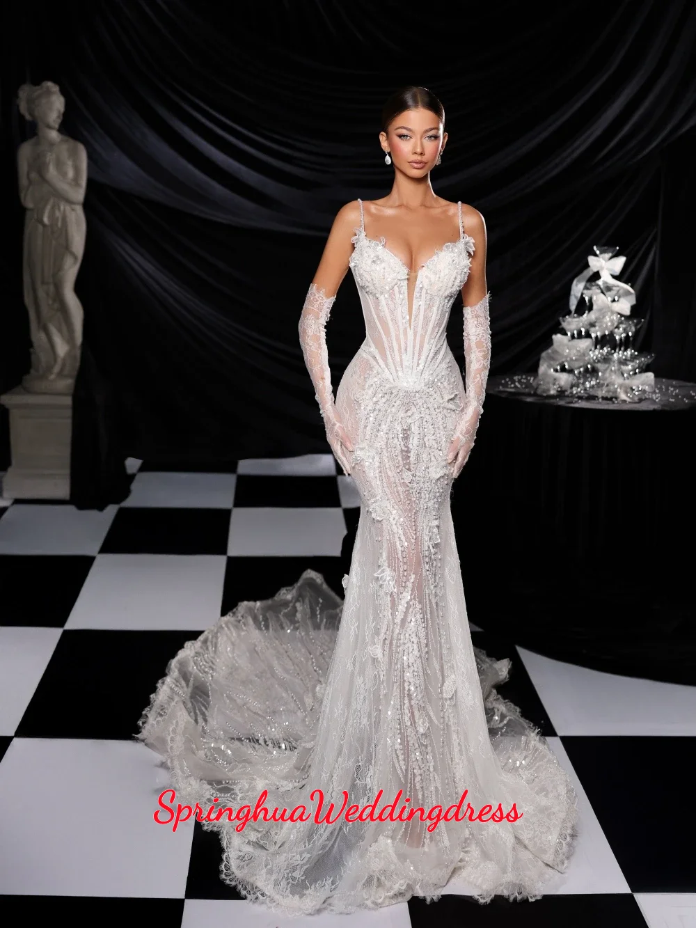 Customized Elegant Illusion Pearls Lace Mermaid Long Wedding Dress Without Gloves Spaghetti Straps Bridal Gown Dresses For Bride
Customized Elegant Illusion Pearls Lace Mermaid Long Wedding Dress Without Gloves Spaghetti Straps Bridal Gown Dresses For Bride