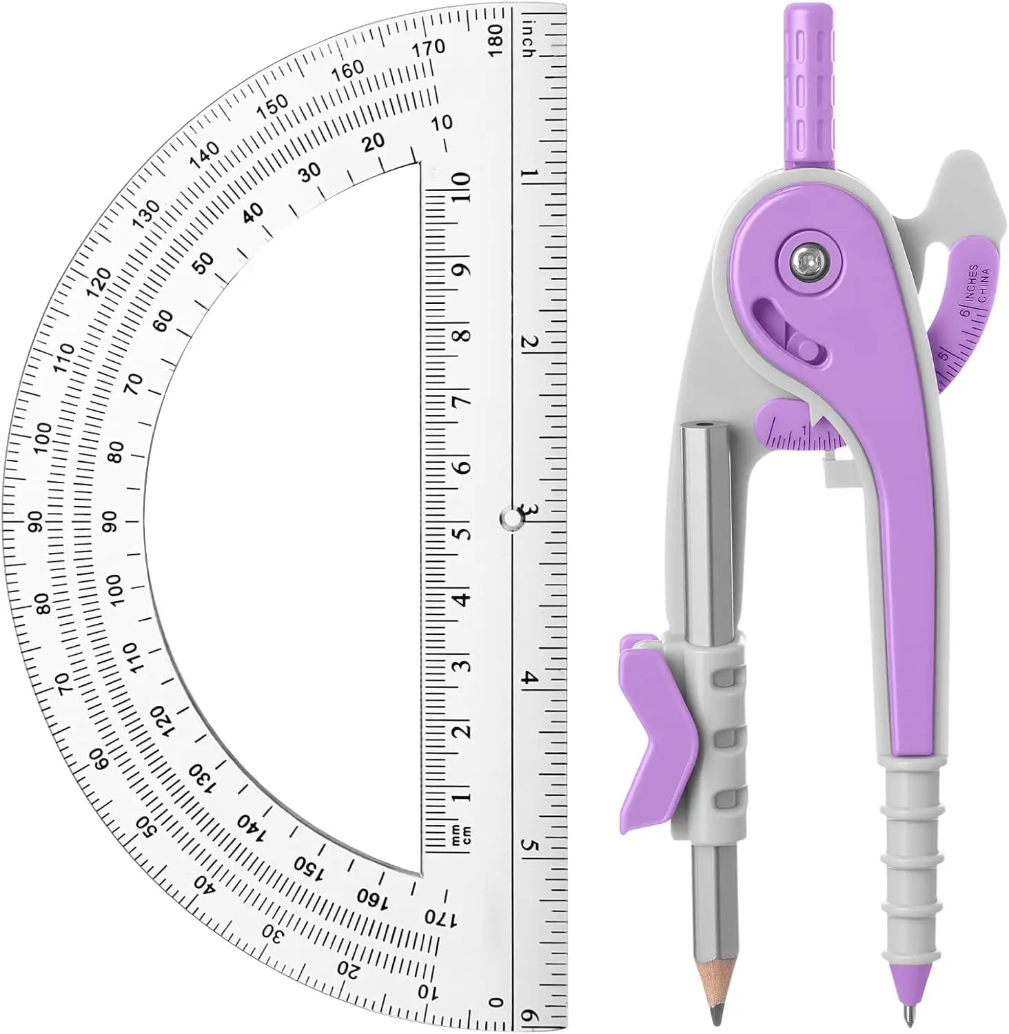Math Geometry Set, Compass & 6 Inch Clear Protractor for Students, Teachers, Artists (Lavender Purple)
Math Geometry Set, Compass & 6 Inch Clear Protractor for Students, Teachers, Artists (Lavender Purple)