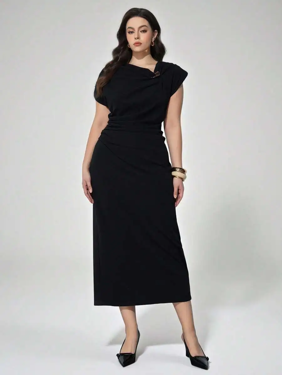 Black Asymmetrical Wrap Dress With Cinched Waist, Office Casual Elegant Midi Dress
Black Asymmetrical Wrap Dress With Cinched Waist, Office Casual Elegant Midi Dress