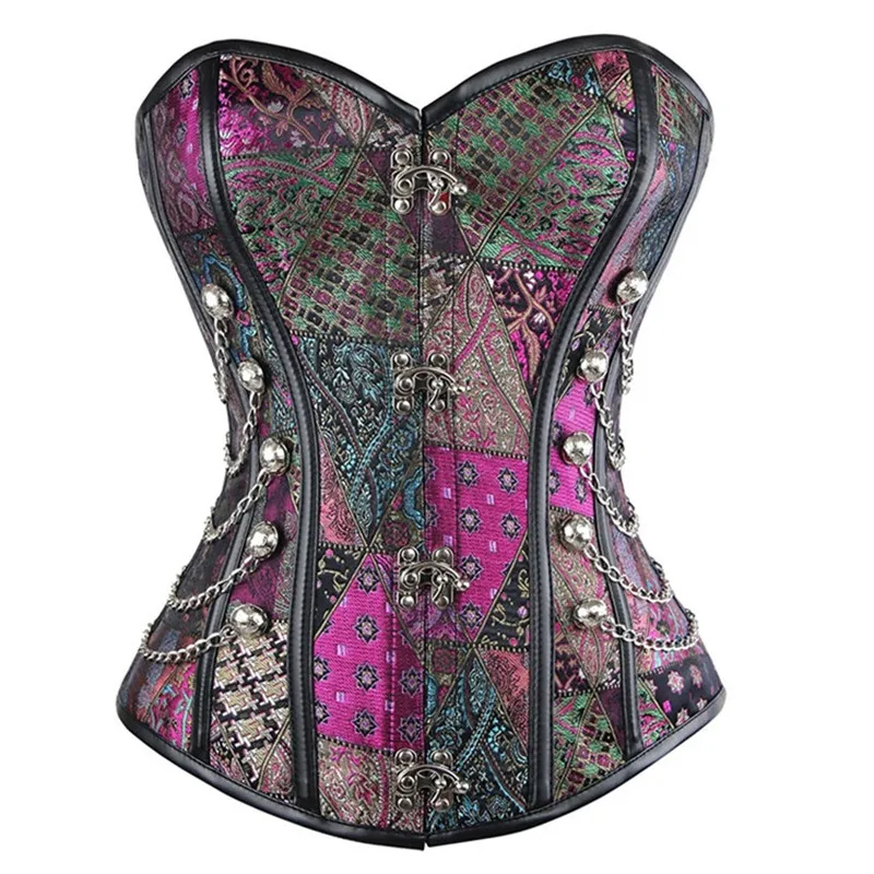 

Steampunk Corsets and Bustiers Plus Size Purple Leather Corset Steel Bone Spiral Tops Chain Gothic Overbust Vintage Corselet
