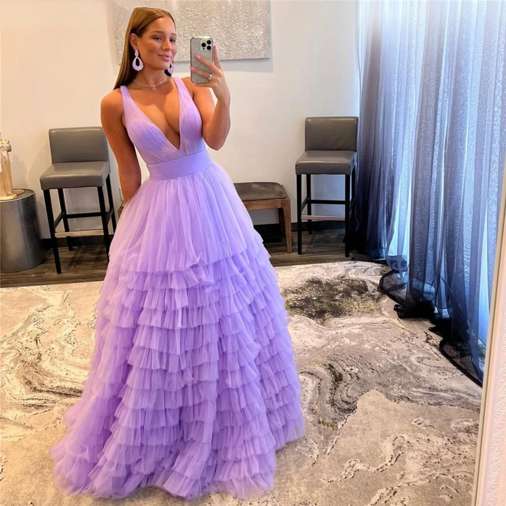 Vestidos Lilac/Orange Tulle Layered Skirt Prom Ball Gown Deep V-neck Sleeveless Evening Party Dresses robes de soirée
Vestidos Lilac/Orange Tulle Layered Skirt Prom Ball Gown Deep V-neck Sleeveless Evening Party Dresses robes de soirée