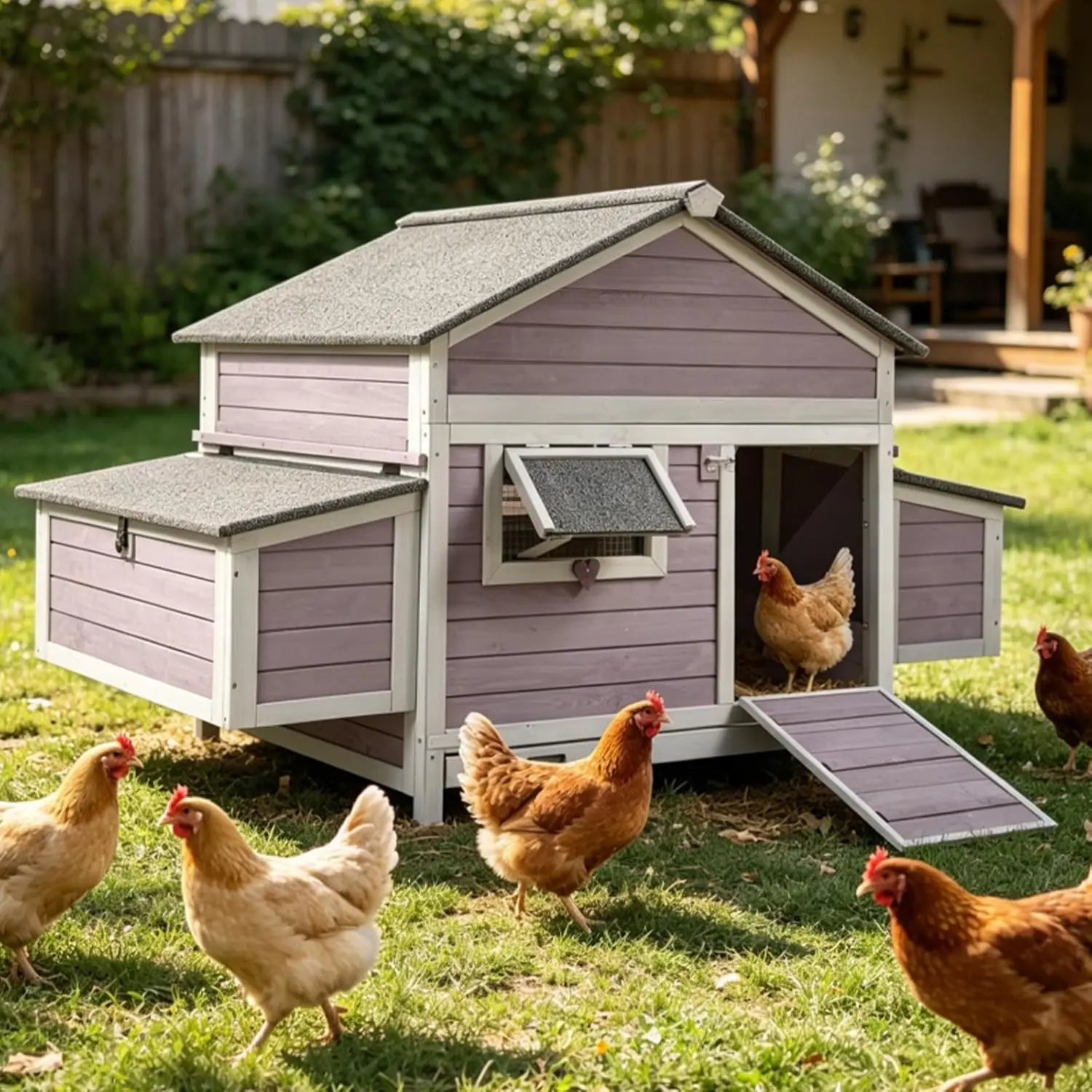 67.3"x36.8"x40.6" Wooden Chicken Coop with Asphalt Roof, 4 Nesting Boxes, Dual Ramps, Pull-Out Tray for 2-4 Hens, Customized
67.3"x36.8"x40.6" Wooden Chicken Coop with Asphalt Roof, 4 Nesting Boxes, Dual Ramps, Pull-Out Tray for 2-4 Hens, Customized