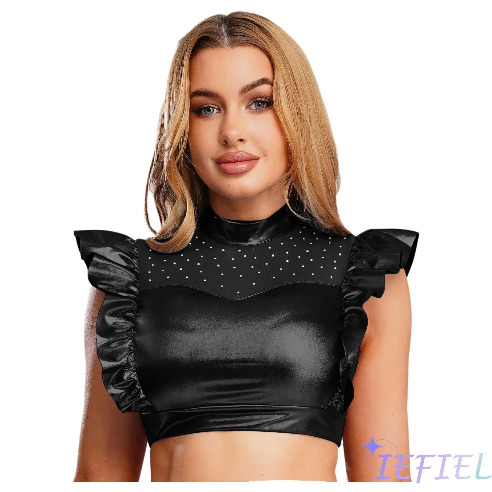 Womens Jazz Party Dance Cropped Top Front Sheer Mesh with Rhinestones Ruffled Trim Sleeveless Tank Top Clubwear Streetwear
Womens Jazz Party Dance Cropped Top Front Sheer Mesh with Rhinestones Ruffled Trim Sleeveless Tank Top Clubwear Streetwear