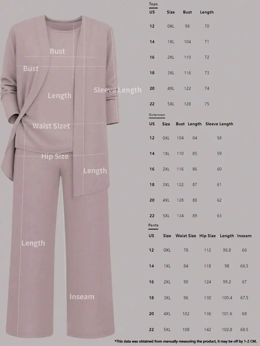 Plus Size 3-Piece Women’s Solid Set: Open-Front Cardigan, Sleeveless Round-Neck Top, Elastic-Waist Wide-Leg Pants, Soft Stretch
Plus Size 3-Piece Women’s Solid Set: Open-Front Cardigan, Sleeveless Round-Neck Top, Elastic-Waist Wide-Leg Pants, Soft Stretch