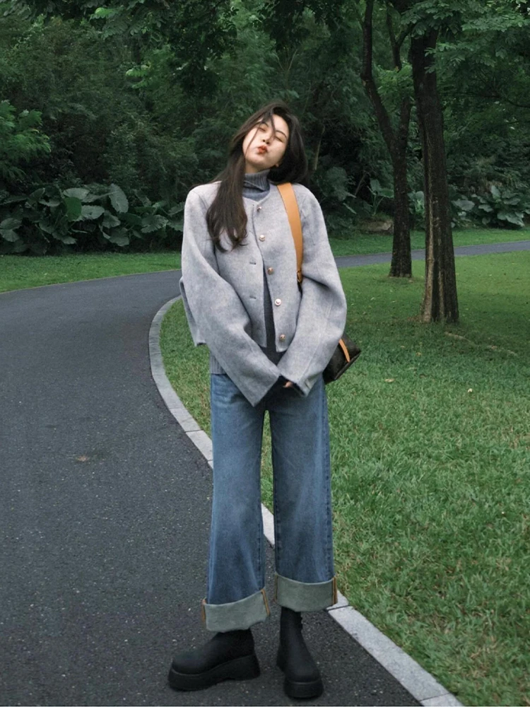 Retro High Waist Loose Fit Straight Leg Denim Jeans Women's Blue Cuffed Ankle Length Pants Autumn Winter Small Size Friendly
Retro High Waist Loose Fit Straight Leg Denim Jeans Women's Blue Cuffed Ankle Length Pants Autumn Winter Small Size Friendly