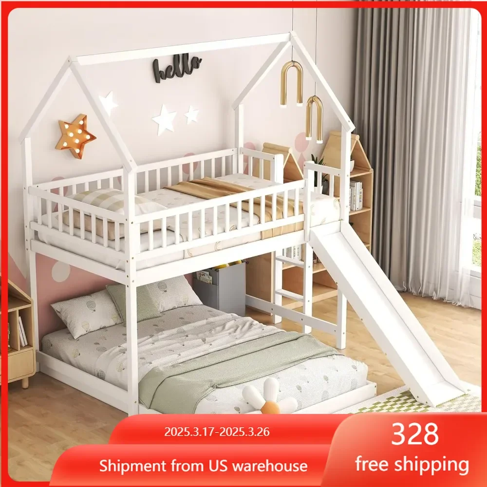 House Bunk Bed with Built-in Ladder and Slide, Twin Over Full Wooden Bed Frame with Full-Length Guardrail,for Bedroom Kids Teens
House Bunk Bed with Built-in Ladder and Slide, Twin Over Full Wooden Bed Frame with Full-Length Guardrail,for Bedroom Kids Teens