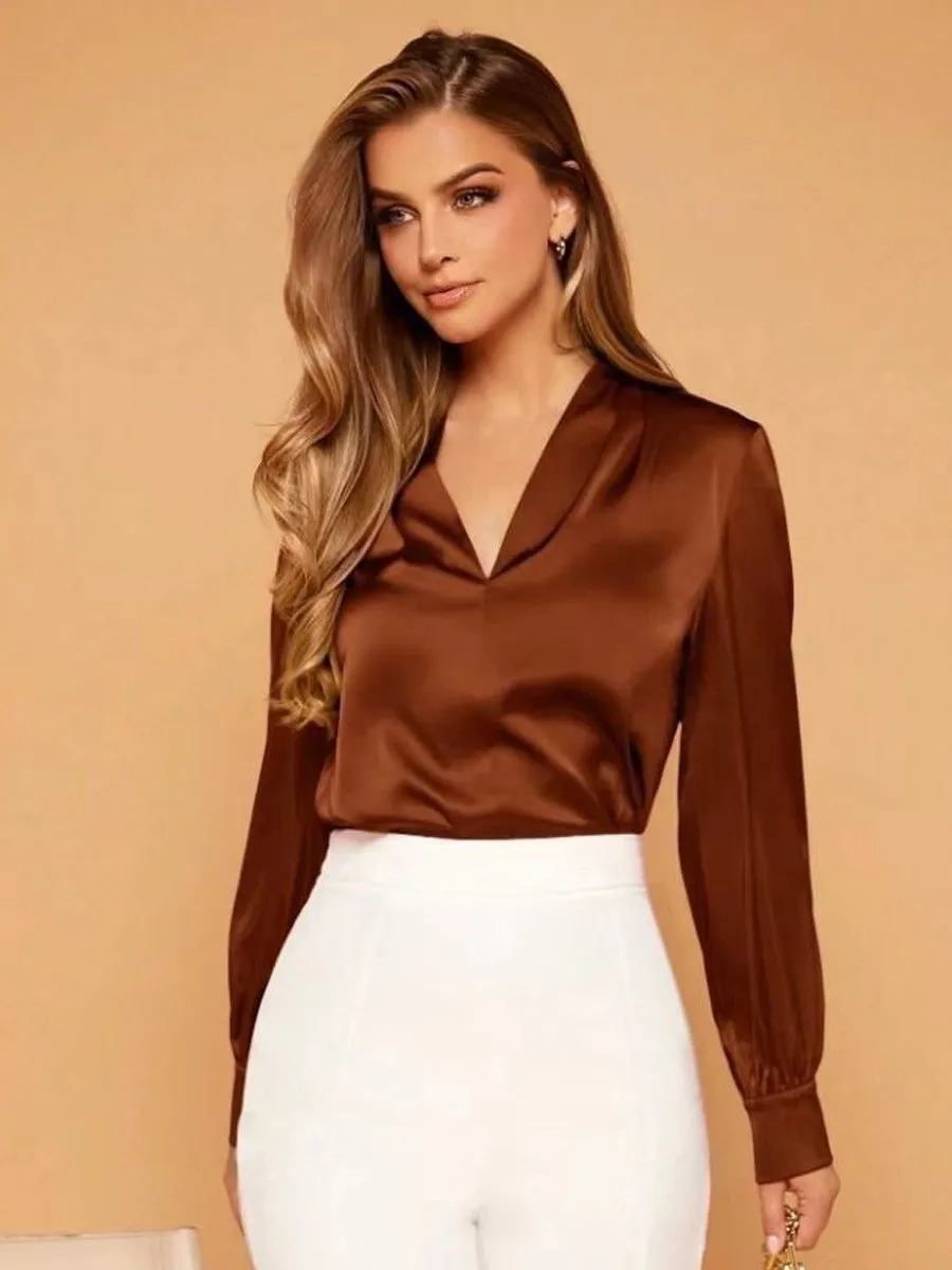 Summer Spring Women's Clothing V Neck Long Sleeve Tops Elegant Satin Button Up Shirt For Polyester Regular Fit Solid
Summer Spring Women's Clothing V Neck Long Sleeve Tops Elegant Satin Button Up Shirt For Polyester Regular Fit Solid