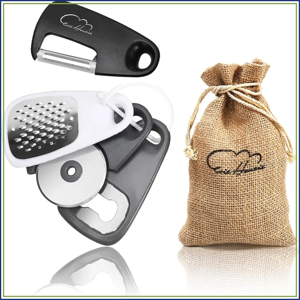 5-Piece Kitchen Gadgets Set: Grater, Peeler, Opener, Pizza Cutter, Burlap Bags
5-Piece Kitchen Gadgets Set: Grater, Peeler, Opener, Pizza Cutter, Burlap Bags