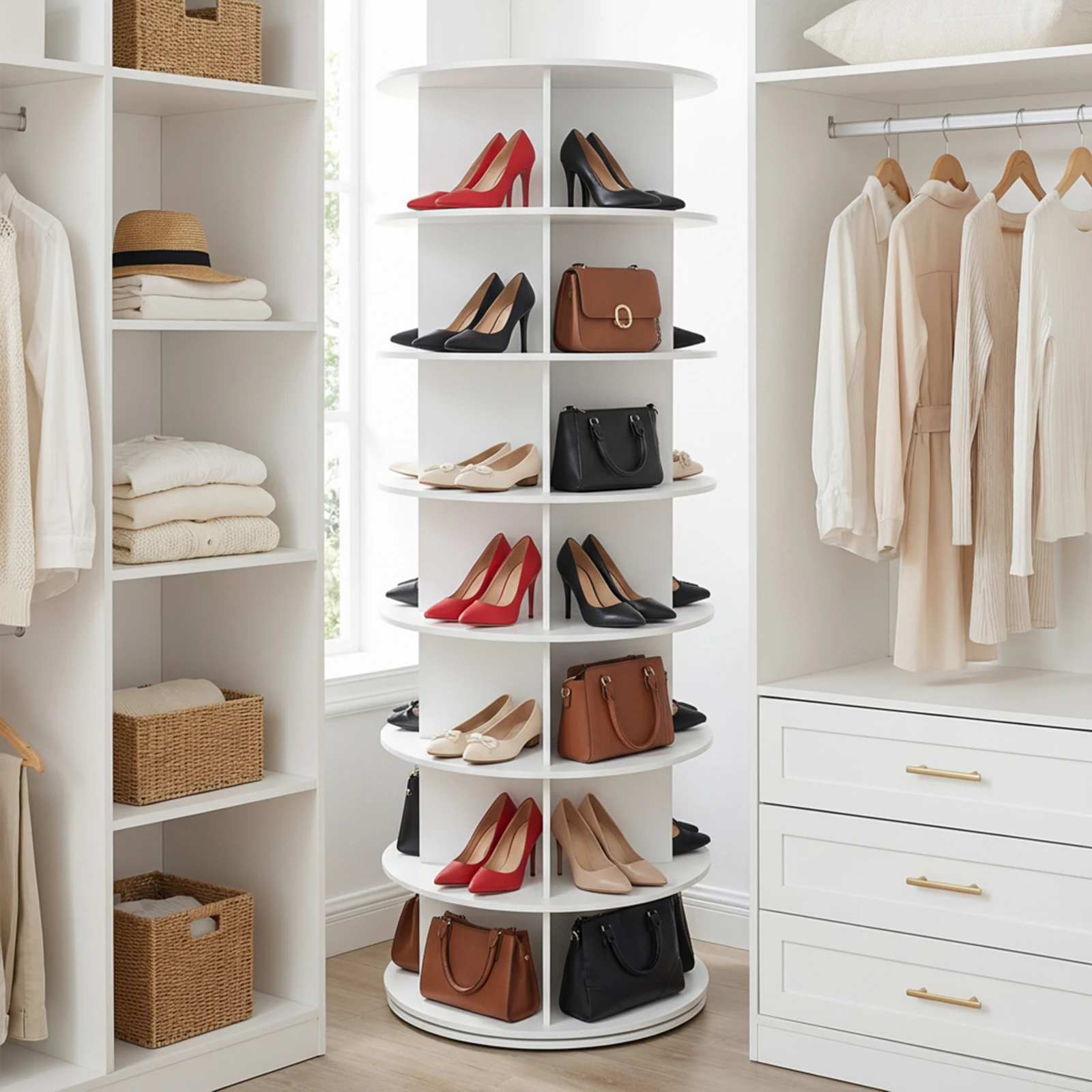 7 Tier Vertical Handbag Rotate Shoes Closet Organization 23.2in W X 63in H Revolving 360 Shoe Rack Storage for Closet Bedroom
7 Tier Vertical Handbag Rotate Shoes Closet Organization 23.2in W X 63in H Revolving 360 Shoe Rack Storage for Closet Bedroom