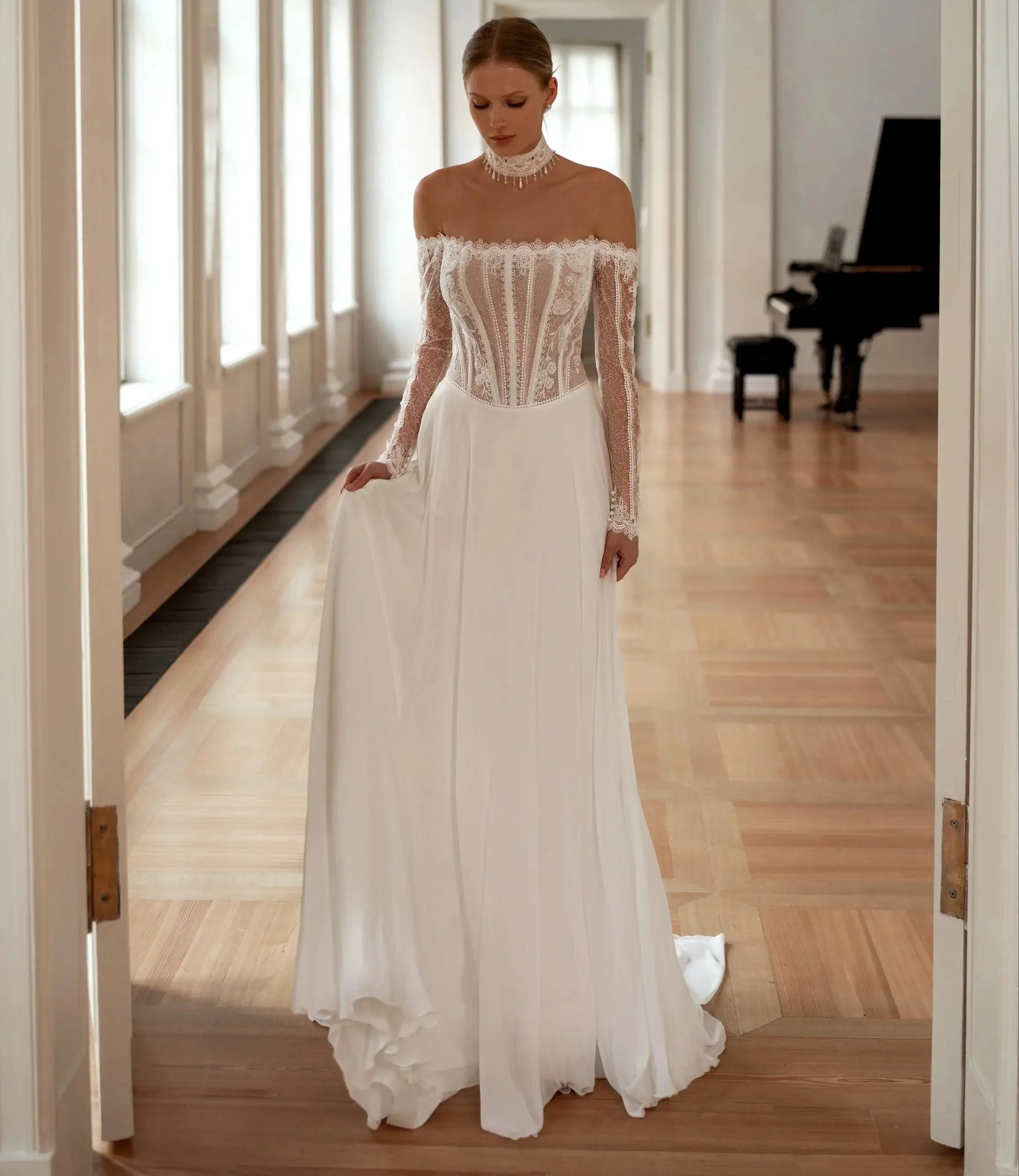 Bohenmian A Line Wedding Dresses Off Shoulder Lace Long Sleeves Bridal Gowns Vintage Chiffon Customized Vestidos De Mariee
Bohenmian A Line Wedding Dresses Off Shoulder Lace Long Sleeves Bridal Gowns Vintage Chiffon Customized Vestidos De Mariee