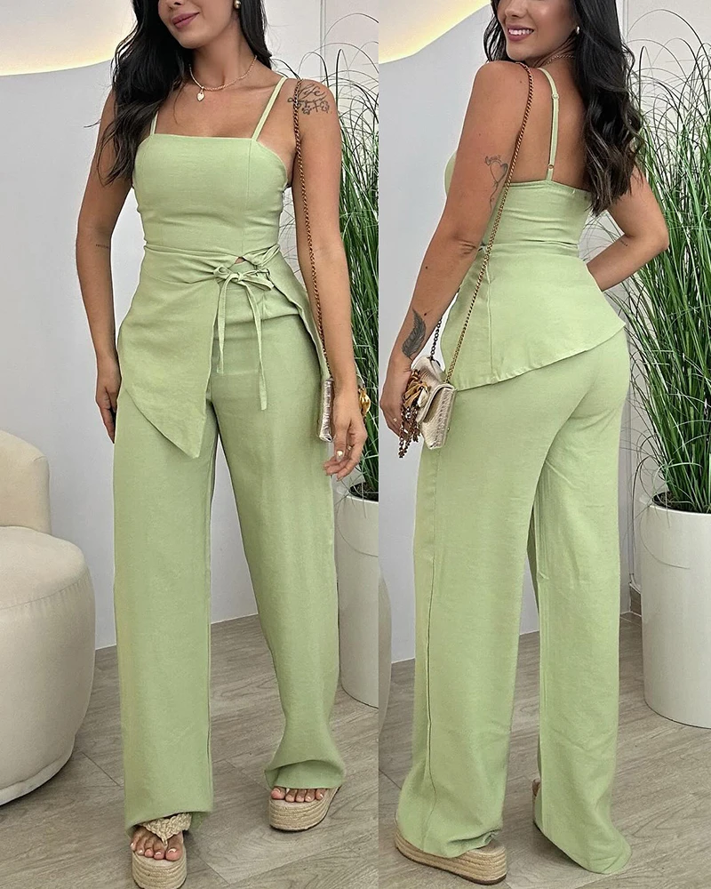 Casual Two Piece Set Women Outfit 2025 Summer New Solid Color Sleeveless Elastic Strap Tied Detail Top Wide Leg Pants Set
Casual Two Piece Set Women Outfit 2025 Summer New Solid Color Sleeveless Elastic Strap Tied Detail Top Wide Leg Pants Set