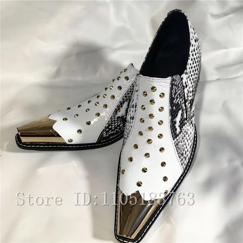 Men Punk Style Studded Snake Print Loafers Genuine Leather Gold Metal Toe Slip On High Heel Casual Shoes
Men Punk Style Studded Snake Print Loafers Genuine Leather Gold Metal Toe Slip On High Heel Casual Shoes