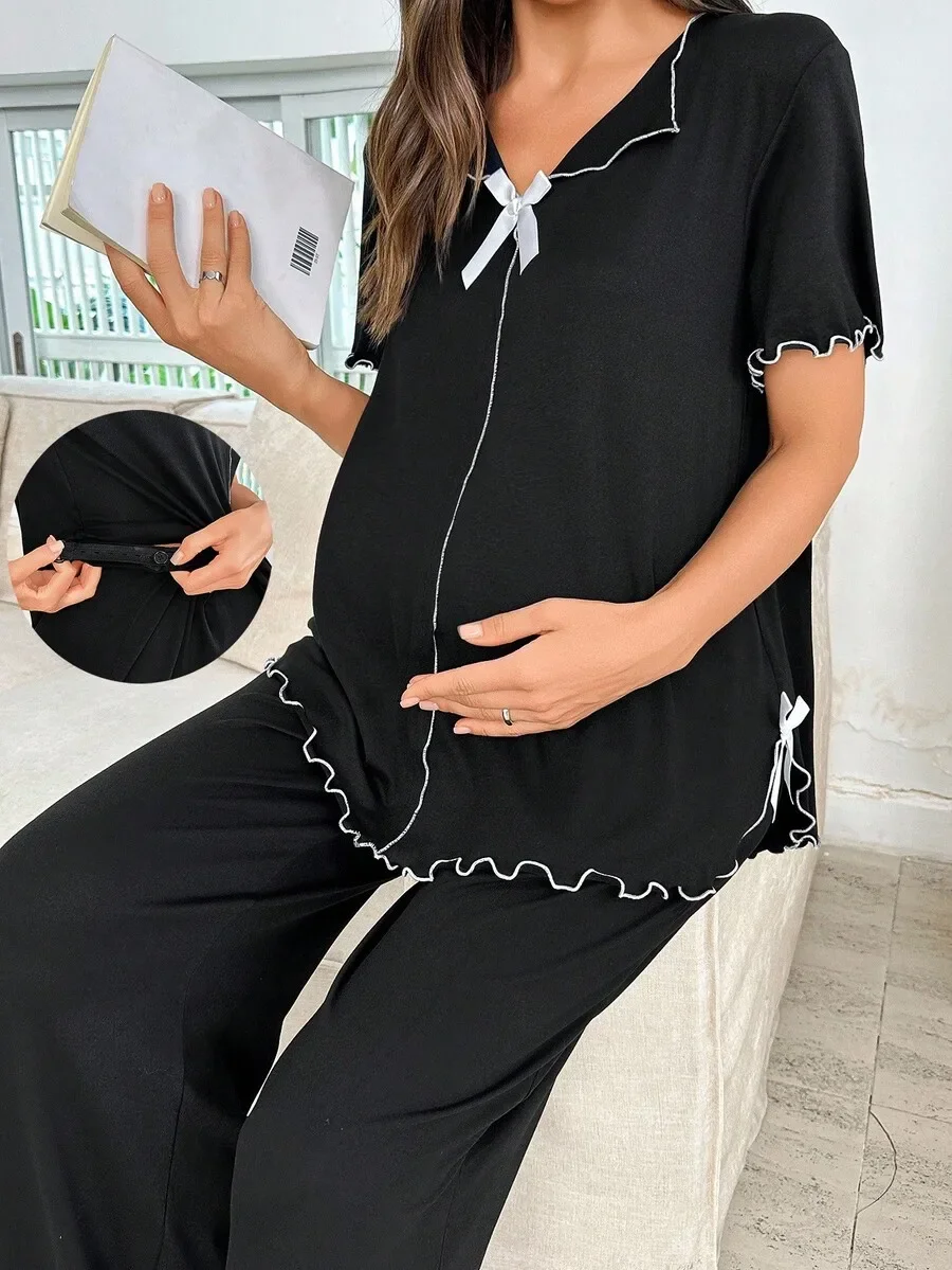 Maternity Pajama Set Solid Black Milk Silk Bow Trim Comfortable Sleepwear
Maternity Pajama Set Solid Black Milk Silk Bow Trim Comfortable Sleepwear
