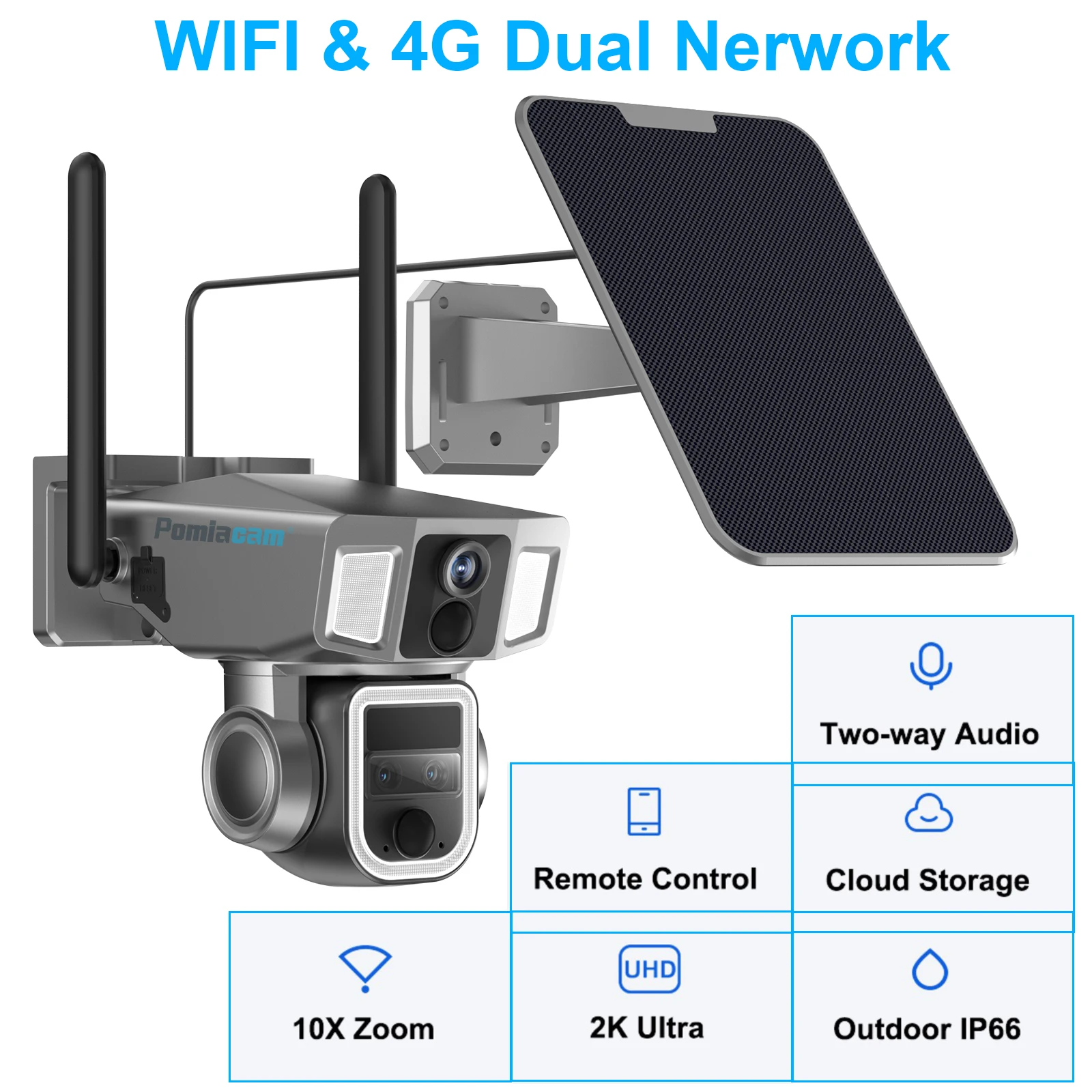 Feature-packed Solor Camera 4G & WIFI Dual Network 2K 4MP Night Vision Solar Panel Powered PTZ Camera 10X Optical Zoom Dual lens
Feature-packed Solor Camera 4G & WIFI Dual Network 2K 4MP Night Vision Solar Panel Powered PTZ Camera 10X Optical Zoom Dual lens