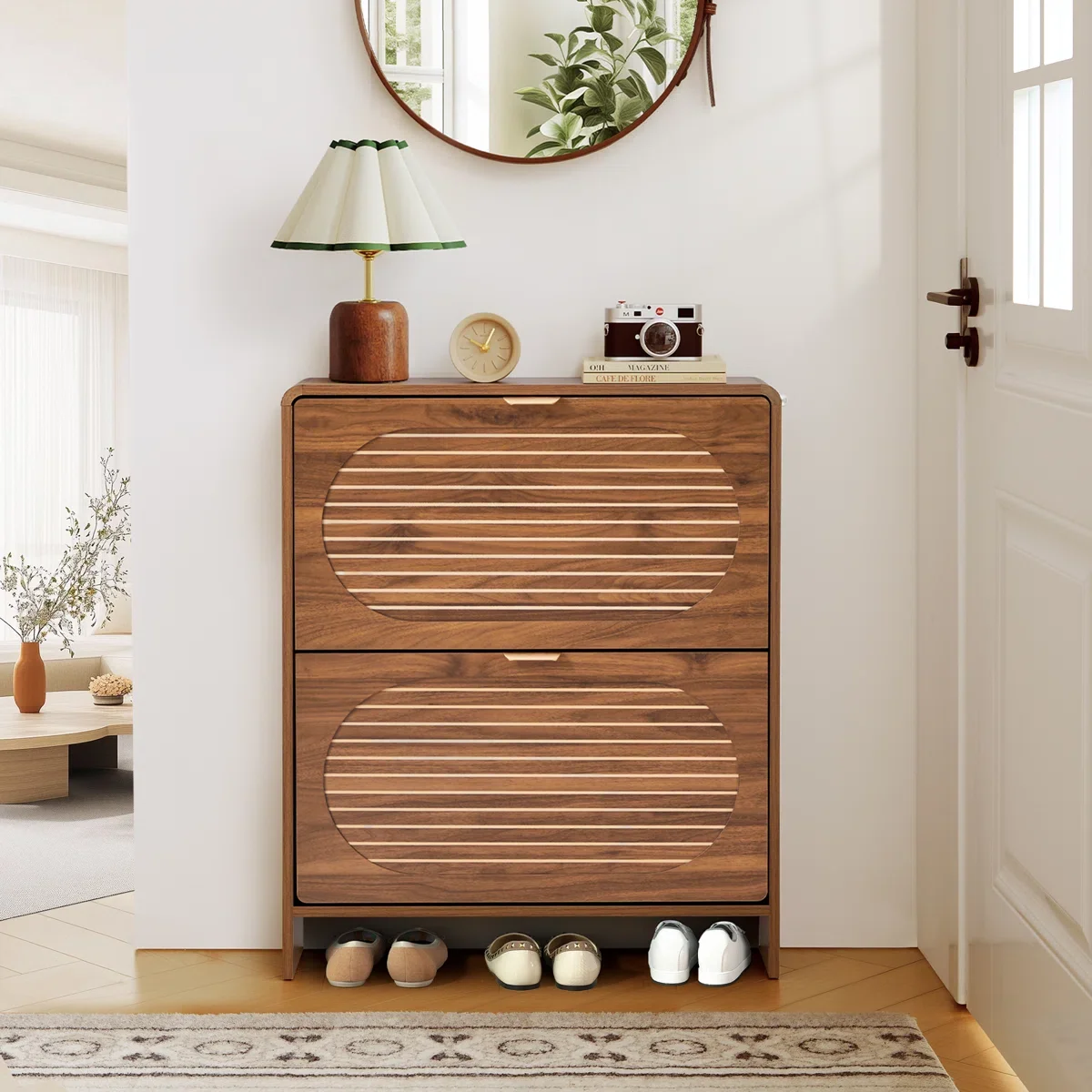 xx-Modern Edge Design Wood Shoe Cabinet 2 Flip Drawers Stripe Pattern Wood Shoe Cabinet Hollow Bottom Storage Wood Shoe Rack*
xx-Modern Edge Design Wood Shoe Cabinet 2 Flip Drawers Stripe Pattern Wood Shoe Cabinet Hollow Bottom Storage Wood Shoe Rack*
