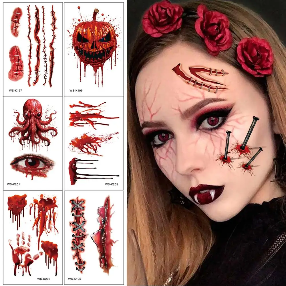 Halloween Waterproof Temporary Tattoo Stickers Sexy Bloody Makeup Zombie Scar Tattoo Decoration Wound Horror Blood Sticker
Halloween Waterproof Temporary Tattoo Stickers Sexy Bloody Makeup Zombie Scar Tattoo Decoration Wound Horror Blood Sticker