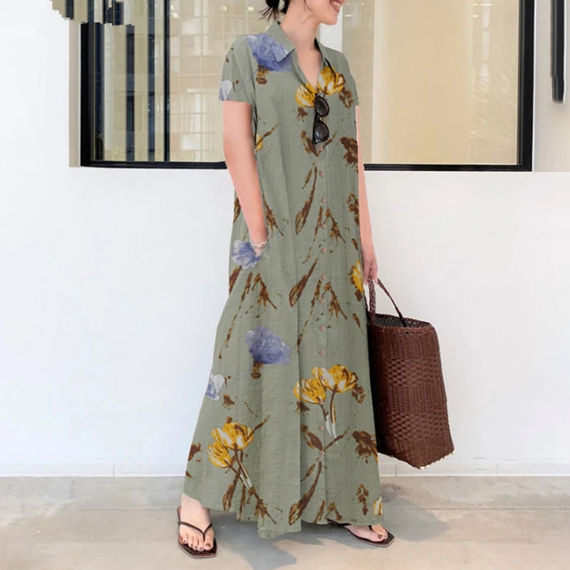 New plus size ladies casual cotton and linen lapel printed short sleeve pocket simple and loose long shirt dress
New plus size ladies casual cotton and linen lapel printed short sleeve pocket simple and loose long shirt dress