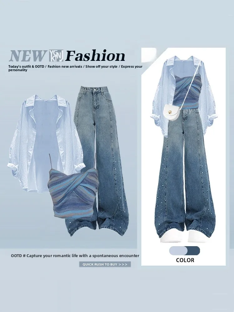Loose Blue Shirt Top And High Waist Jeans Set Women's Spring Summer Fashion Outfit Korean Style plus Size Clothing Set
Loose Blue Shirt Top And High Waist Jeans Set Women's Spring Summer Fashion Outfit Korean Style plus Size Clothing Set
