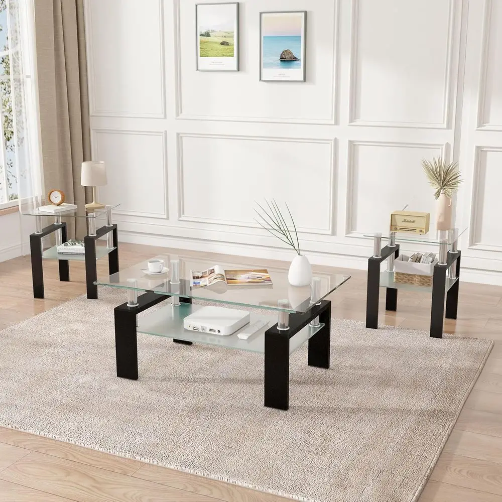 3-Piece Glass Coffee Table Set with Black Metal Legs for Living Room & Bedroom
3-Piece Glass Coffee Table Set with Black Metal Legs for Living Room & Bedroom