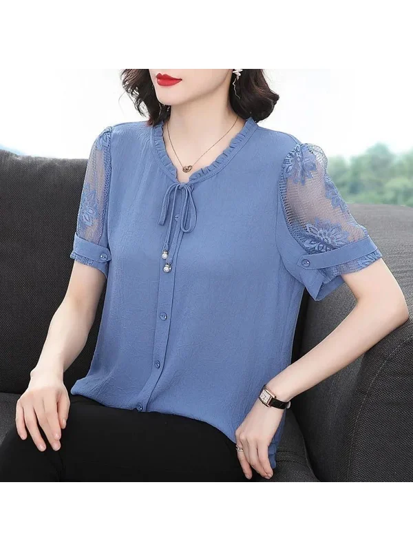 Mature Women's Style Chiffon Top Short Sleeve Loose Fit Summer Fashionable Belly Covering Women's Shirt Knot Design
Mature Women's Style Chiffon Top Short Sleeve Loose Fit Summer Fashionable Belly Covering Women's Shirt Knot Design