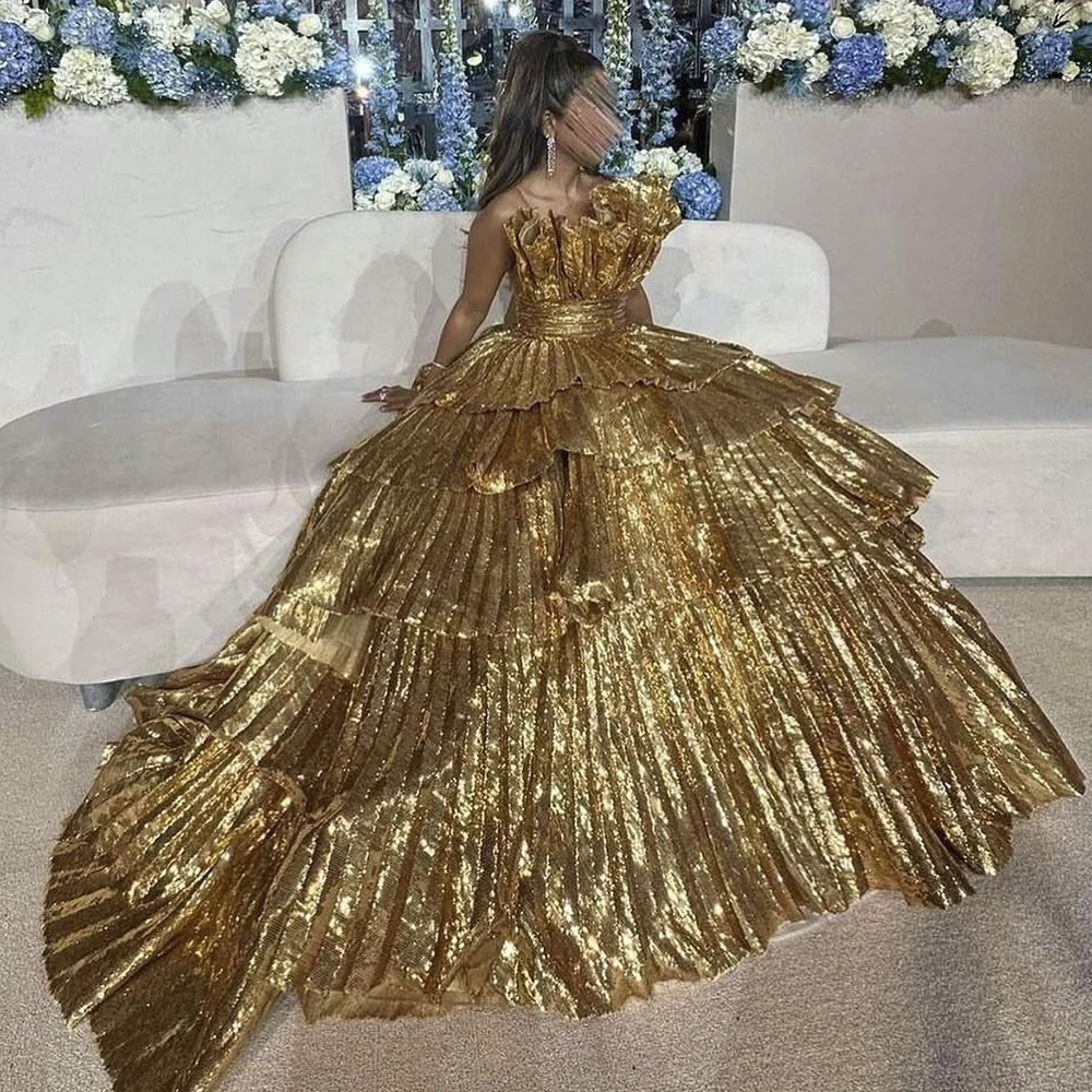 Gorgeous Golden Draped Evening Dress for Women Luxury Sleeveless Chapel Train Gowns Formal Occasion Customized Long Dress
Gorgeous Golden Draped Evening Dress for Women Luxury Sleeveless Chapel Train Gowns Formal Occasion Customized Long Dress