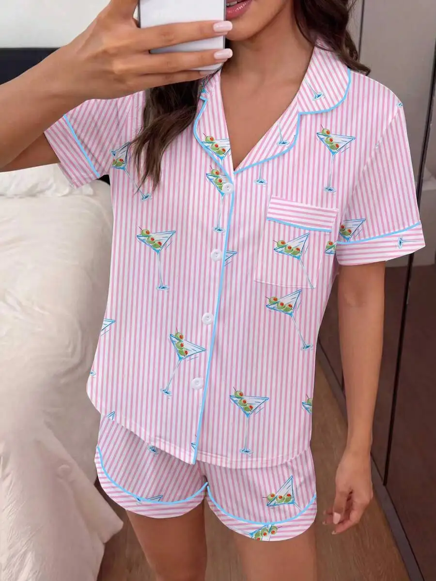 Womens 2-Piece Pajama Set With Cocktail Glass Print, Short Sleeve Shirt Collar Top And Elastic Waist Shorts
Womens 2-Piece Pajama Set With Cocktail Glass Print, Short Sleeve Shirt Collar Top And Elastic Waist Shorts