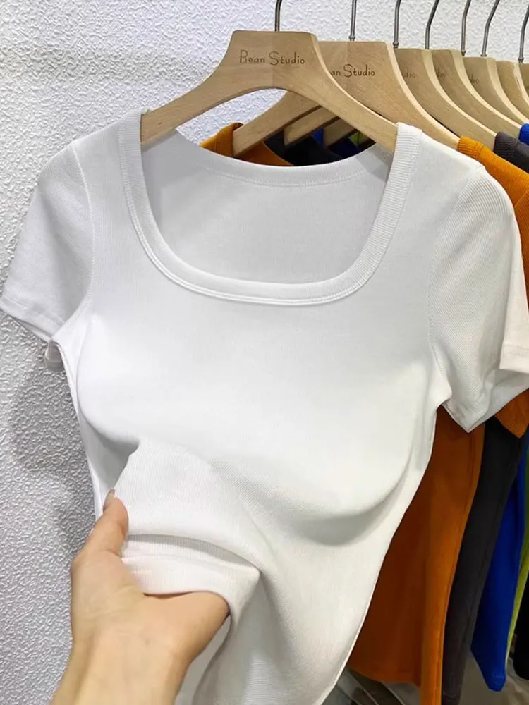 Slim Fit Short Sleeve T-Shirt Women's Summer Large Size Square Collar Shorter Style Korean Version Commute Style High Waist
Slim Fit Short Sleeve T-Shirt Women's Summer Large Size Square Collar Shorter Style Korean Version Commute Style High Waist