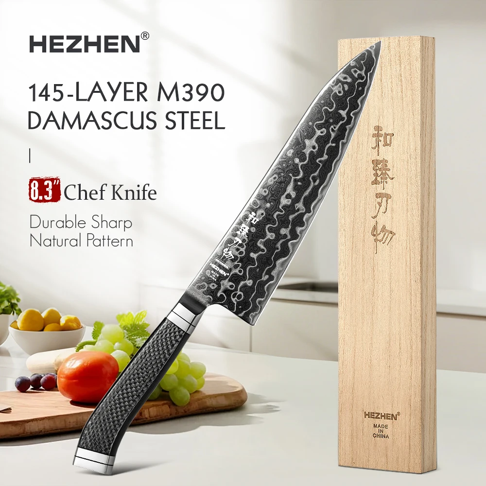 HEZHEN Ultimate Series 8.3 Inches Chef Knife 145-Layer M390 Core Damascus Carbon Fiber Handle DLC Coated
HEZHEN Ultimate Series 8.3 Inches Chef Knife 145-Layer M390 Core Damascus Carbon Fiber Handle DLC Coated
