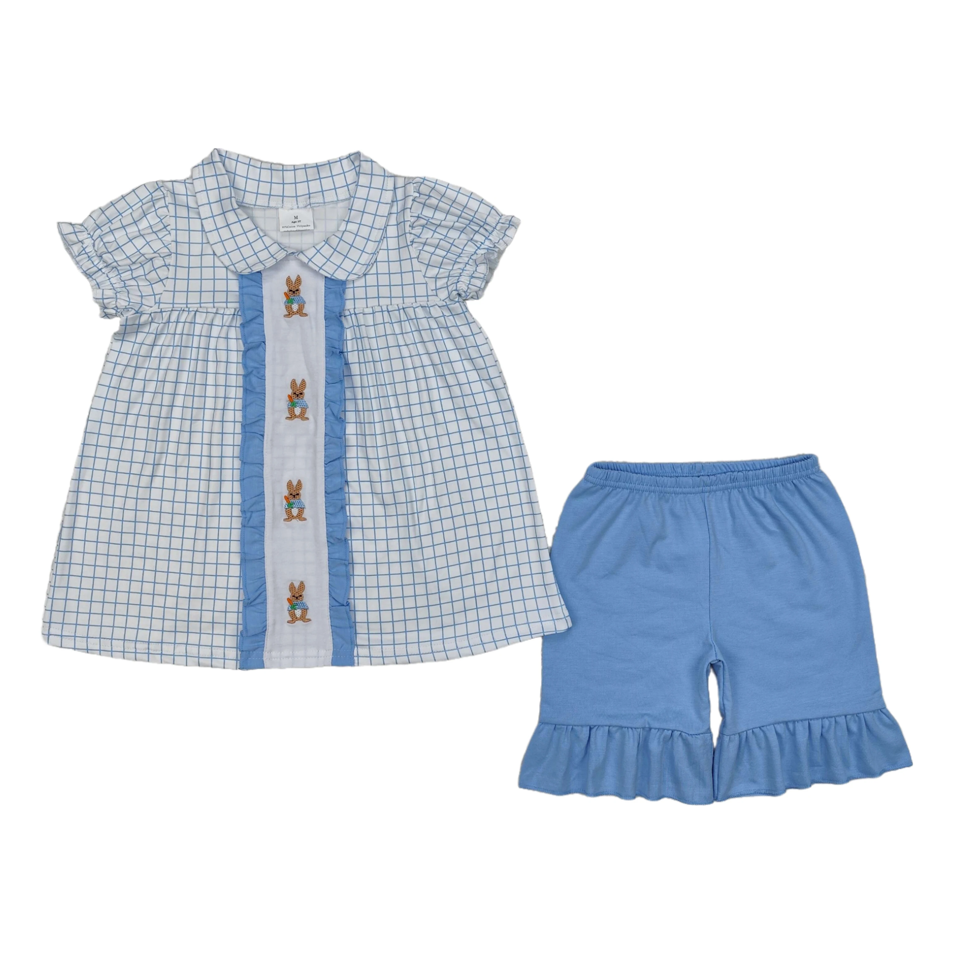 Wholesale Toddler Easter Set Kids Embroidery Rabbits Tops Blue Cotton Shorts Children Spring Checked Outfit Baby Girl Clothing
Wholesale Toddler Easter Set Kids Embroidery Rabbits Tops Blue Cotton Shorts Children Spring Checked Outfit Baby Girl Clothing