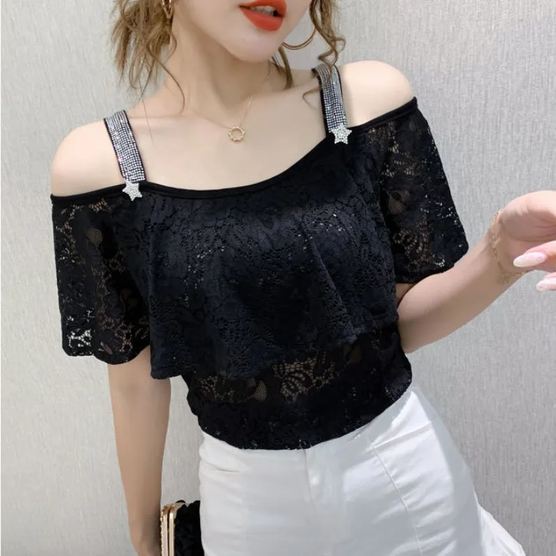 Off Shoulder Slim Women's Short Sleeve T-shirt Summer Outfit Y2k Vintage Trending Clothing Hollow Lace Ruffle Edge Top Female
Off Shoulder Slim Women's Short Sleeve T-shirt Summer Outfit Y2k Vintage Trending Clothing Hollow Lace Ruffle Edge Top Female