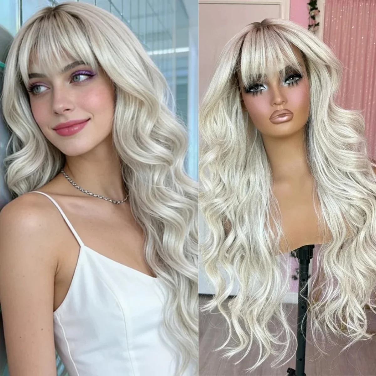 Loose Wave Lace Front Wig with Bangs Ombre Platinum Blonde With Short Roots Synthetic And Blend Premium Fibre Heat Resistant
Loose Wave Lace Front Wig with Bangs Ombre Platinum Blonde With Short Roots Synthetic And Blend Premium Fibre Heat Resistant