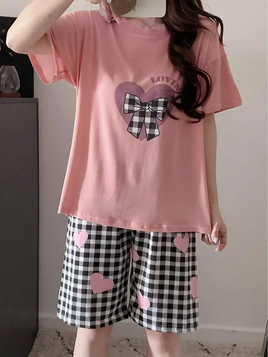 Womens Heart And Bow Print Pajama Set Cotton Short Sleeve Top And Plaid Shorts Summer Homewear
Womens Heart And Bow Print Pajama Set Cotton Short Sleeve Top And Plaid Shorts Summer Homewear