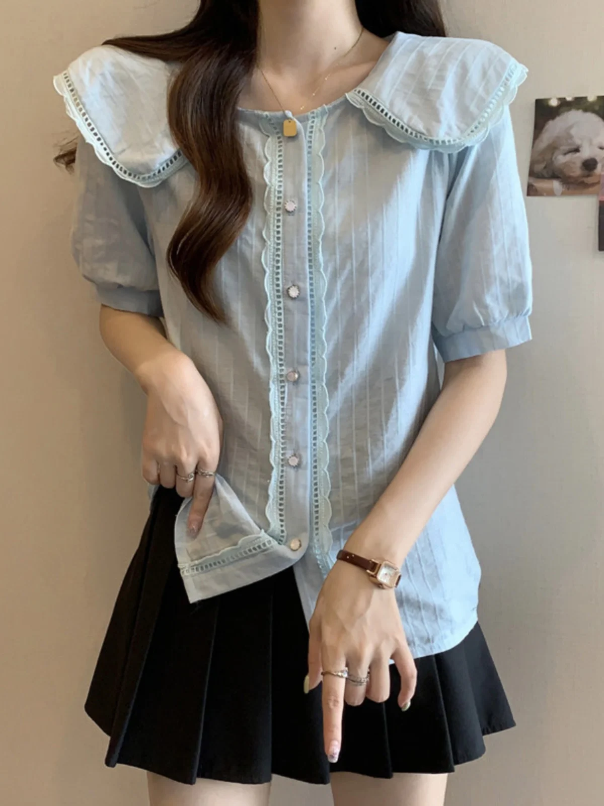 Chic Short Sleeve Baby Doll Collar Shirt Women's Summer plus Size Conceals Belly Design Sensation Top Elegant Beautiful Small...
Chic Short Sleeve Baby Doll Collar Shirt Women's Summer plus Size Conceals Belly Design Sensation Top Elegant Beautiful Small...