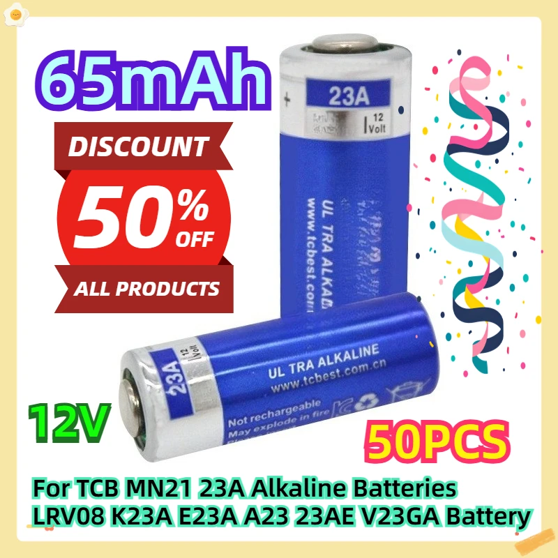 65mAh 12V 50pcs For TCB MN21 23A Alkaline Batteries LRV08 K23A E23A A23 23AE V23GA Battery
65mAh 12V 50pcs For TCB MN21 23A Alkaline Batteries LRV08 K23A E23A A23 23AE V23GA Battery