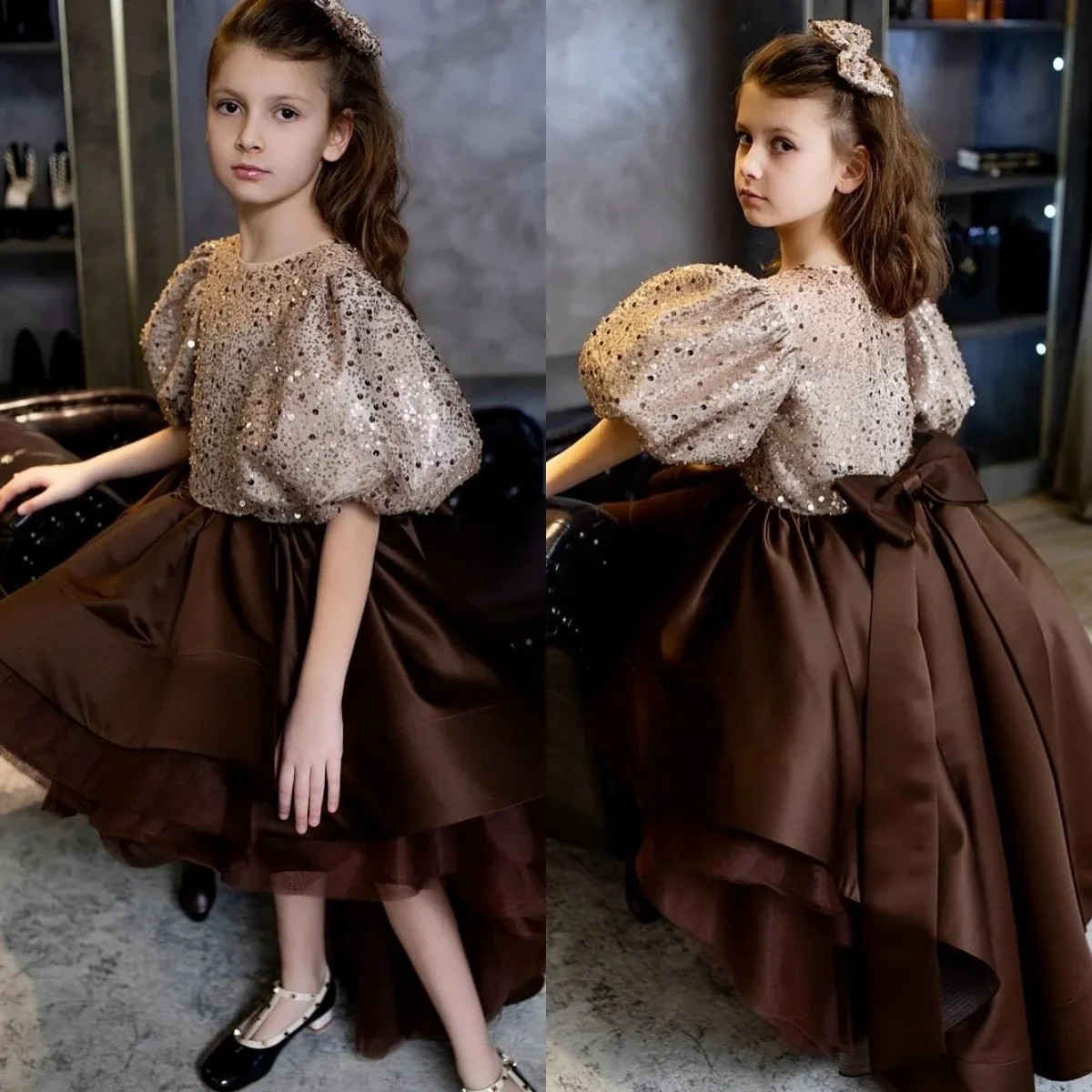 Brown Bow Flower Girl Dresses for Wedding O-Neck Sequins High-Low Girl Gown for Photoshoot First Communion Gowns Customized
Brown Bow Flower Girl Dresses for Wedding O-Neck Sequins High-Low Girl Gown for Photoshoot First Communion Gowns Customized