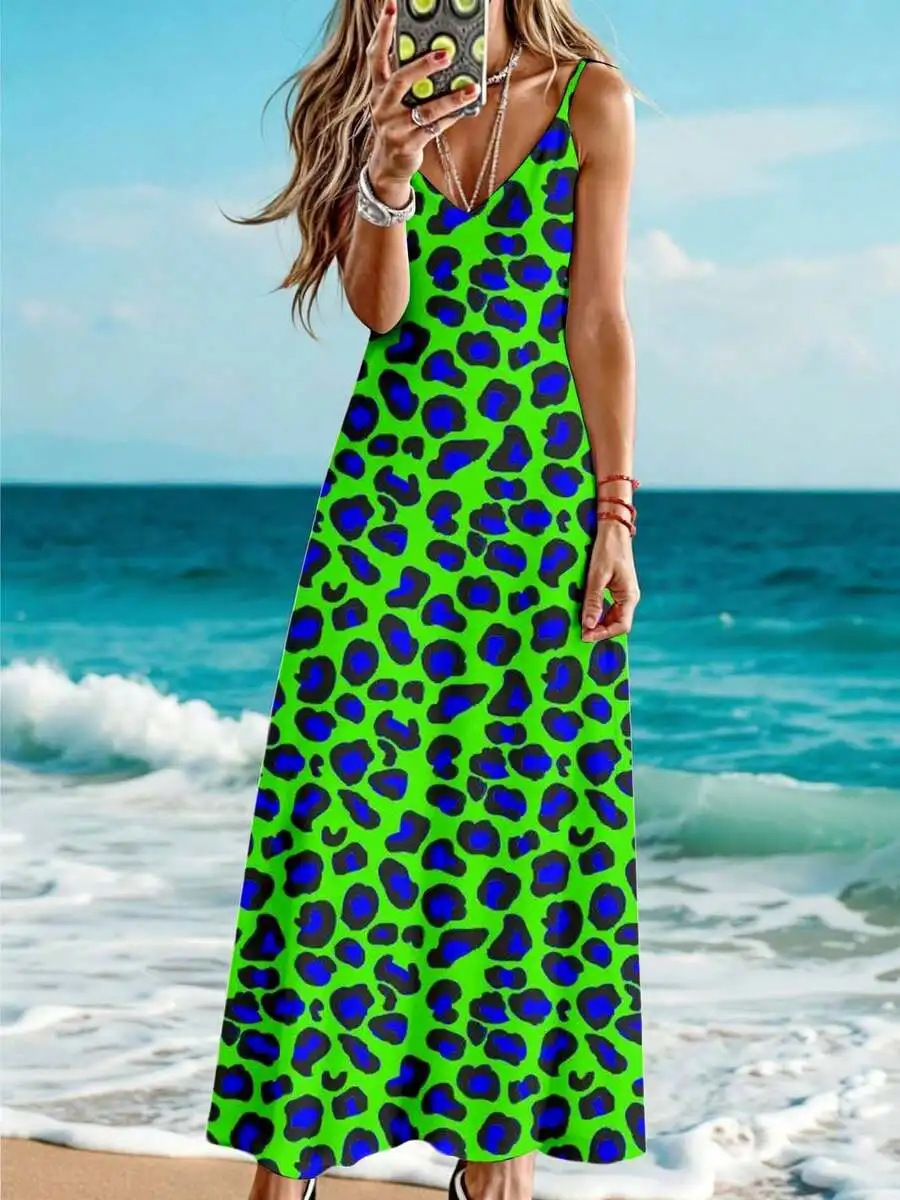 Women Sleeveless Maxi Dress Green Blue Leopard Print Summer Beach Vacation Outfit
Women Sleeveless Maxi Dress Green Blue Leopard Print Summer Beach Vacation Outfit