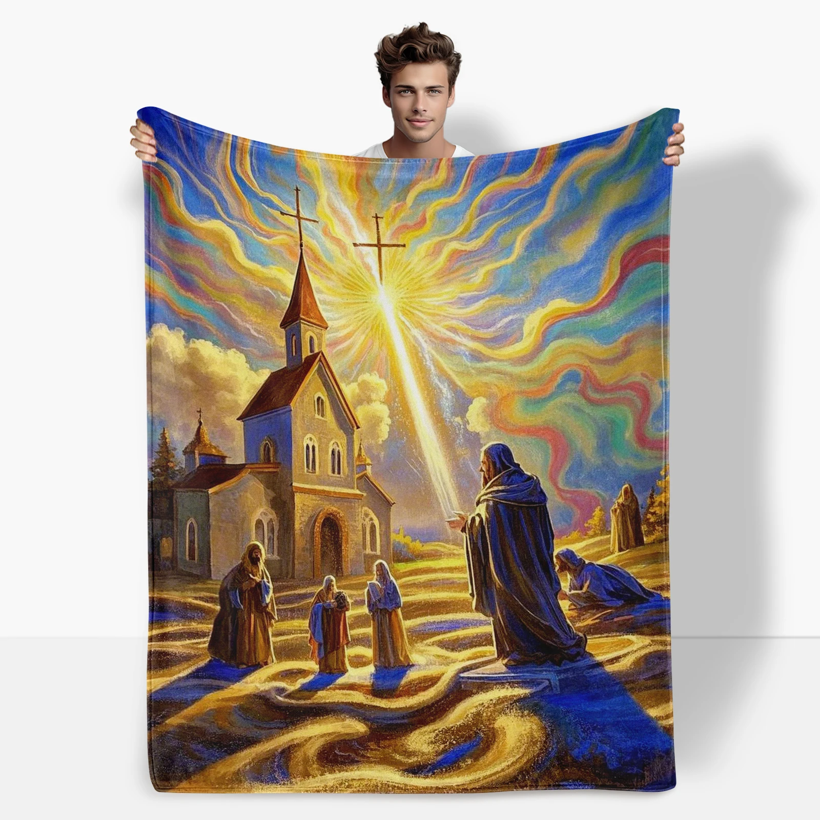 Warm And Comforting Religious Blanket With Church, Cross, And Radiance Design For Home Decor
Warm And Comforting Religious Blanket With Church, Cross, And Radiance Design For Home Decor