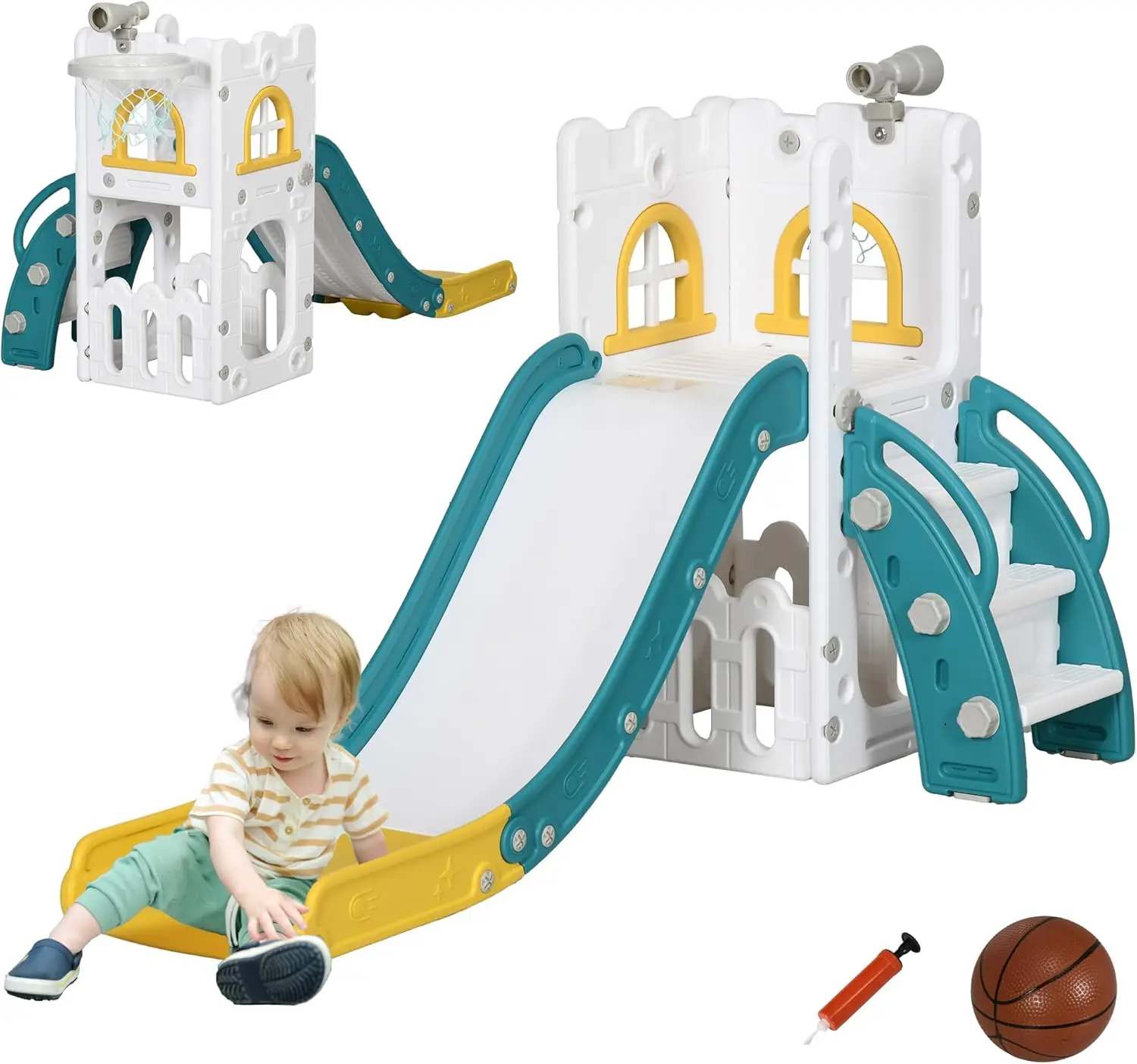 5 in 1 Toddler Slide, Indoor Playset for 1-3 Years, Climbing Slide with Basketball Hoop, Telescope & Storage, Yellow
5 in 1 Toddler Slide, Indoor Playset for 1-3 Years, Climbing Slide with Basketball Hoop, Telescope & Storage, Yellow