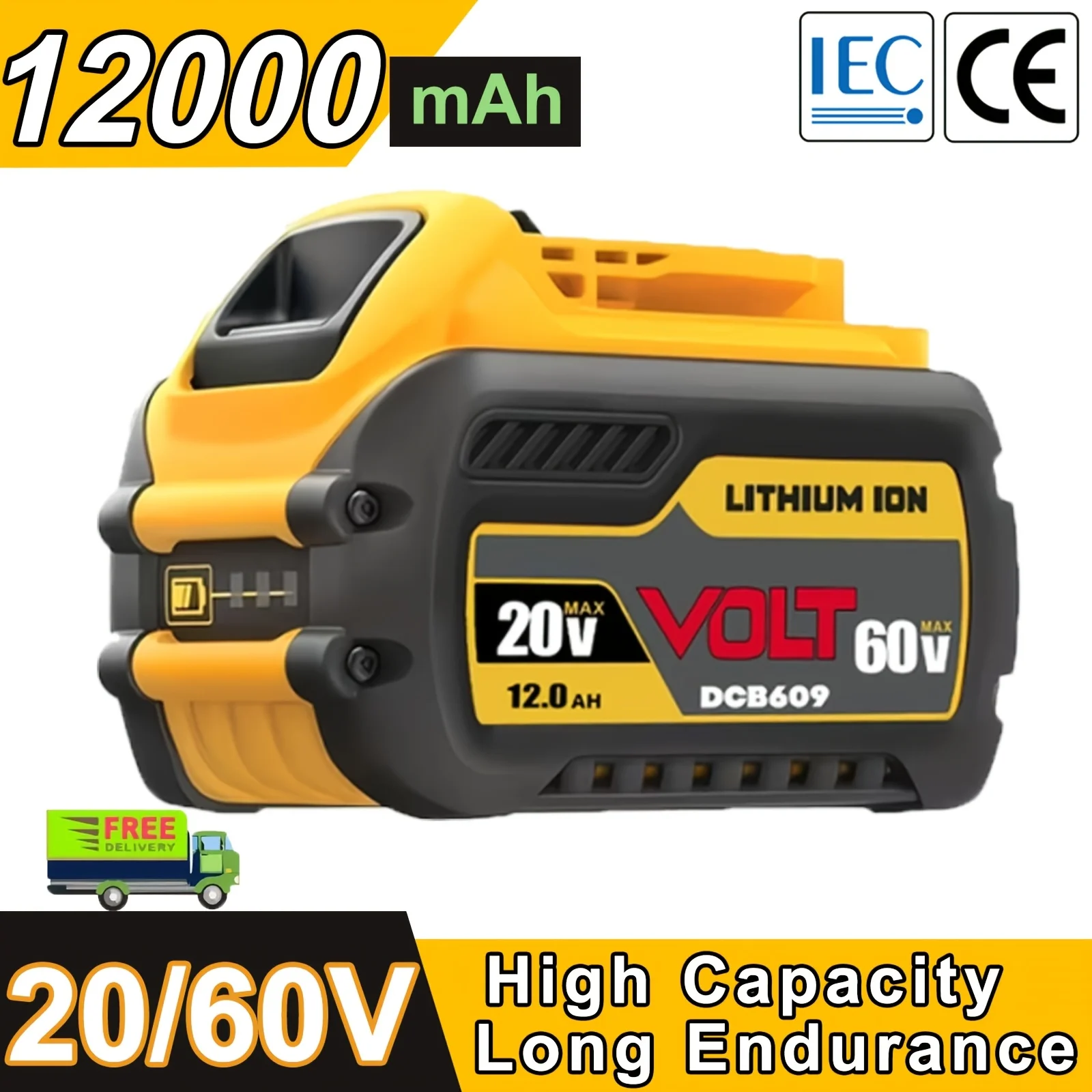 Replacement Battery DCB609 with 12.0Ah Capacity Is Compatible with Dewalt'S 20V And 60V Cordless Tools, Including The DCB606 Model
Replacement Battery DCB609 with 12.0Ah Capacity Is Compatible with Dewalt'S 20V And 60V Cordless Tools, Including The DCB606 Model
