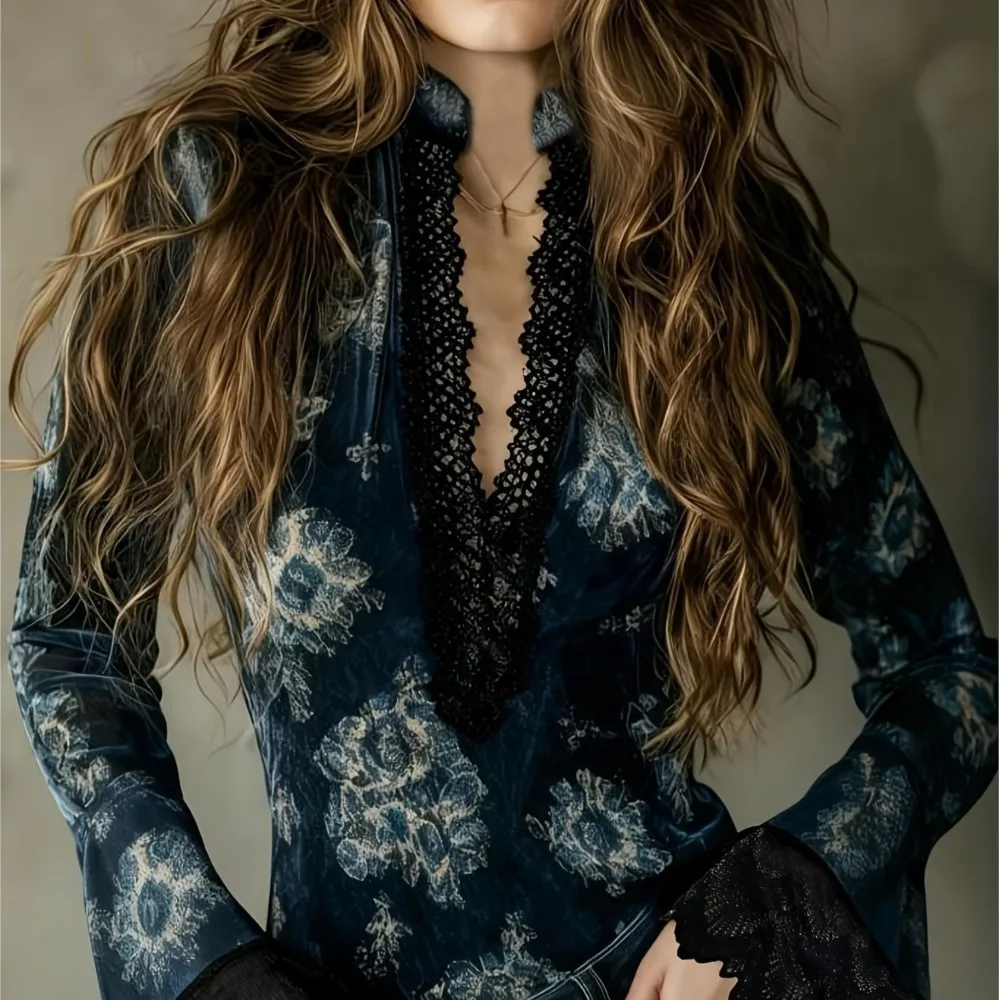 Retro Casual Tops Women's Elegant Fashion Slim Fit Commuter Style Spring Summer Floral Print Deep V Neck Lace Bell Sleeves Shirt
Retro Casual Tops Women's Elegant Fashion Slim Fit Commuter Style Spring Summer Floral Print Deep V Neck Lace Bell Sleeves Shirt
