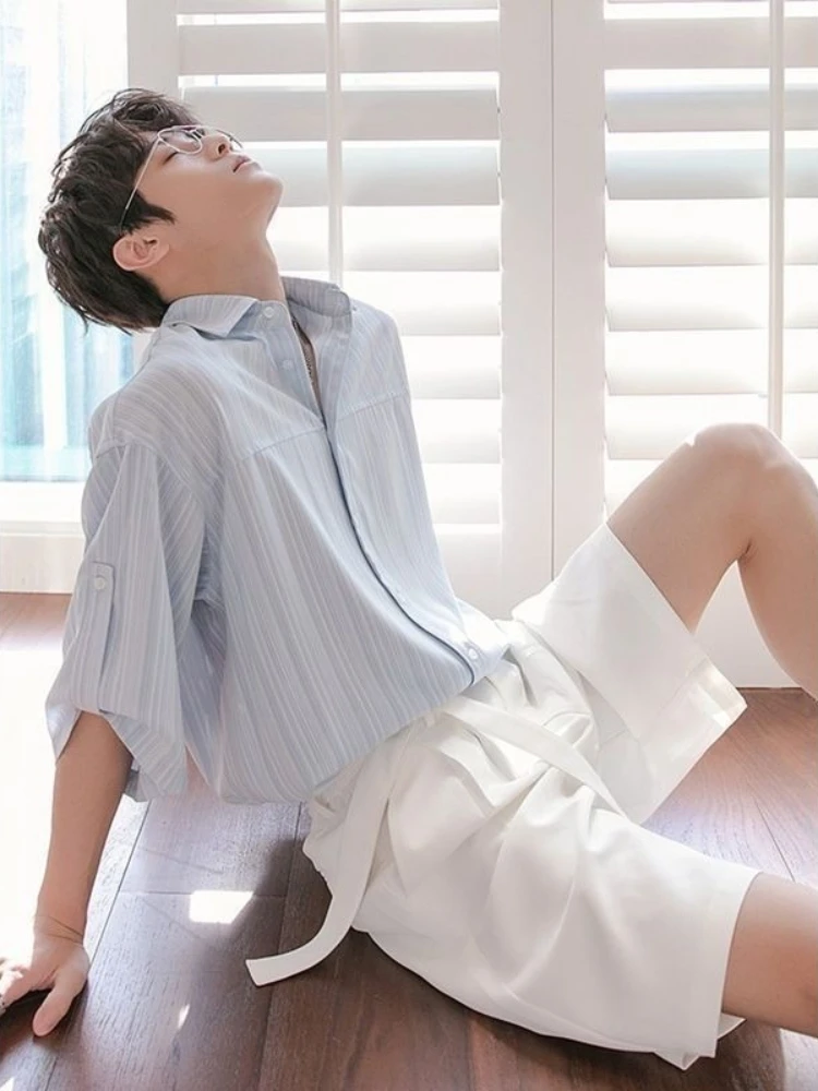 Men's Striped Short Sleeve Shirt Set Summer Casual Korean Style 2 Piece Outfit Loose Fit Streetwear Button Down Tops
Men's Striped Short Sleeve Shirt Set Summer Casual Korean Style 2 Piece Outfit Loose Fit Streetwear Button Down Tops