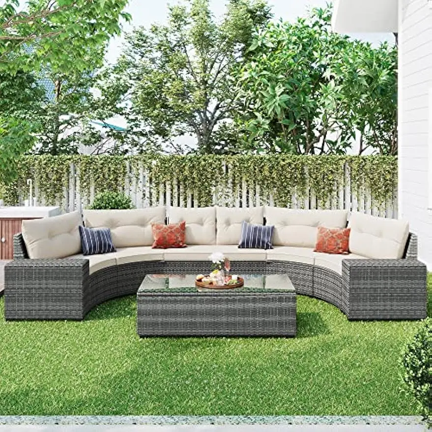 8-pieces Outdoor Wicker Round Sectional Curved Sofa Set w/ Rectangular Coffee Table, PE Rattan Water-resistant and UV Protected
8-pieces Outdoor Wicker Round Sectional Curved Sofa Set w/ Rectangular Coffee Table, PE Rattan Water-resistant and UV Protected