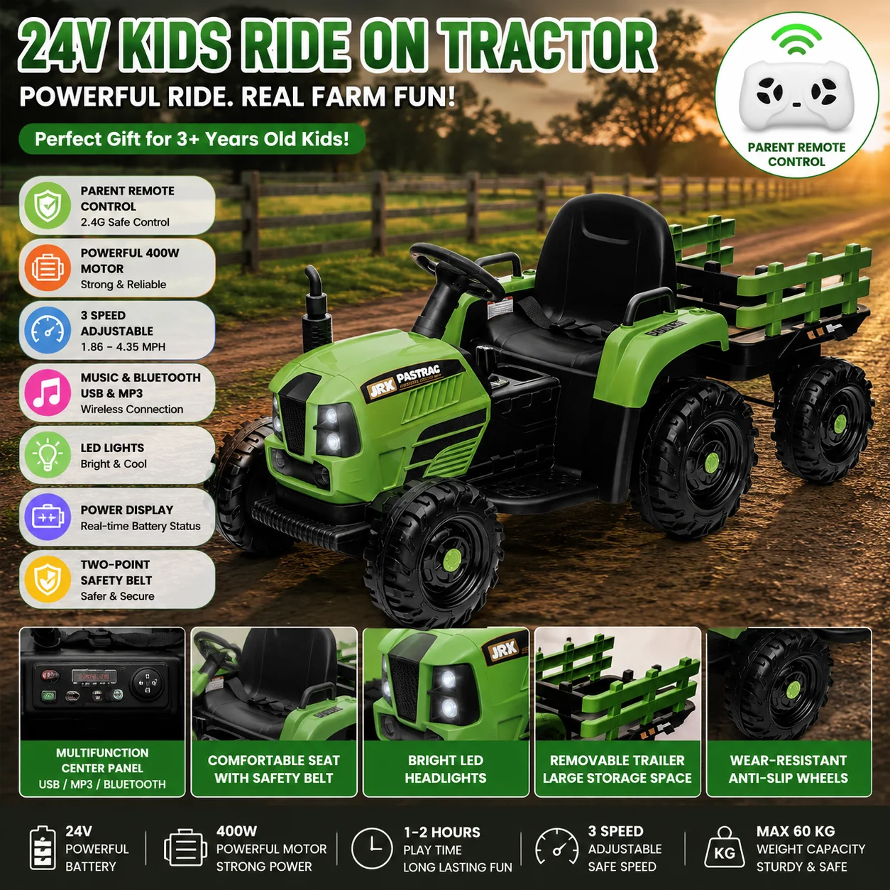 Ride on Tractor with Trailer,24V 400W Powered Electric Tractor Toy w/Remote Control,electric car for kids,Three speed adjustable,Power display, USB,MP3 ,Bluetooth,LED light,Two-point safety belt.
Ride on Tractor with Trailer,24V 400W Powered Electric Tractor Toy w/Remote Control,electric car for kids,Three speed adjustable,Power display, USB,MP3 ,Bluetooth,LED light,Two-point safety belt.