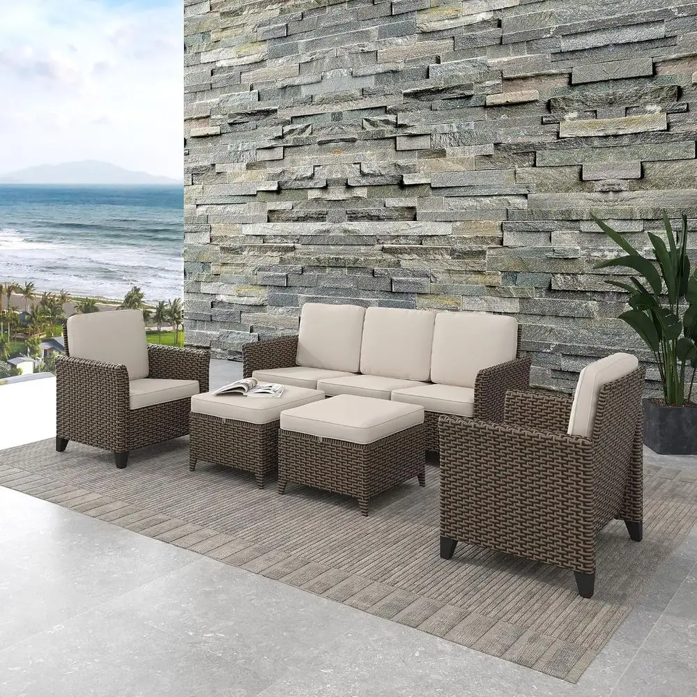 5-Piece Outdoor Patio Furniture Set: PE Wicker 75 Sofa, 2 High Back Chairs, 2 Ottomans with All-Weather Waterproof Cushions
5-Piece Outdoor Patio Furniture Set: PE Wicker 75 Sofa, 2 High Back Chairs, 2 Ottomans with All-Weather Waterproof Cushions